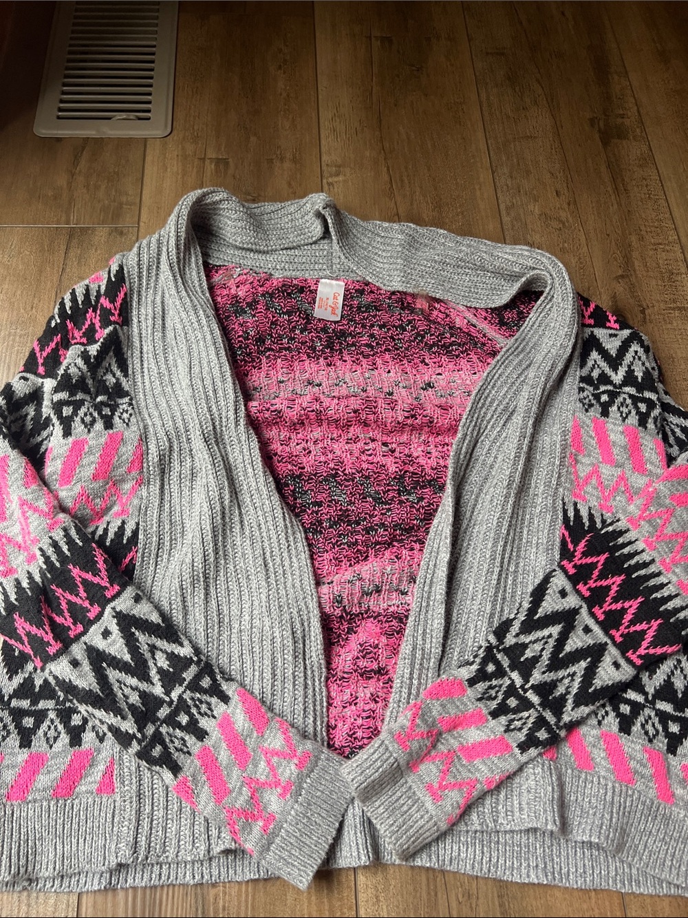 Cat & Jack Gray, Hot Pink & Black Patterned Shawl Cardigan Sweater
